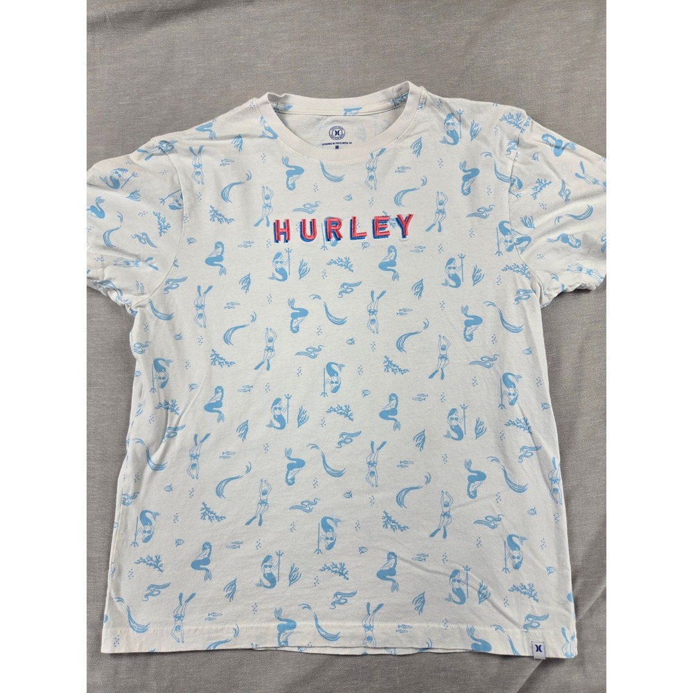 Hurley Mens Mermaid All Over Print T-Shirt White Blue Graphic Tee Medium